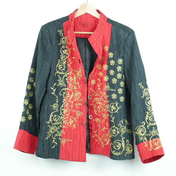 Vintage Medium Jacket Y2K Asian Embroidered Whimsigoth Boho Goth Artsy Crinkle - Picture 1 of 8